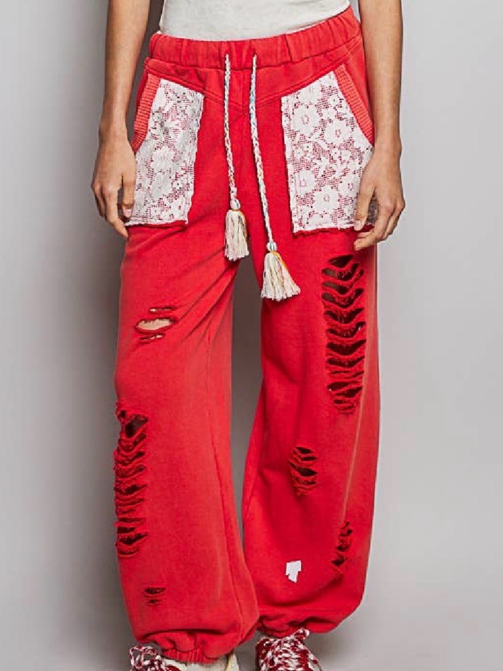NWT POL Distressed Crochet Lace Jogger Sweatpants Sweats Joggers Pants Red - Picture 8 of 11